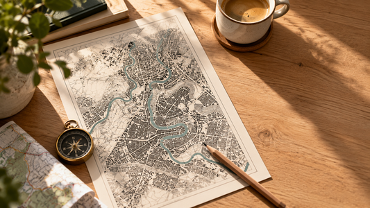 Stadtplan von Bern auf einem Holztisch mit Kaffetasse und Pflanze im Hintergrund