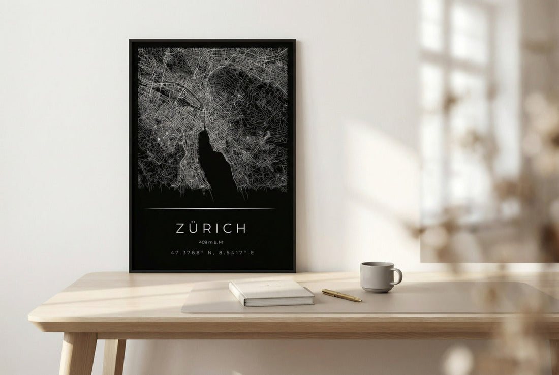 Minimalistischer Kunstdruck von Zürich als moderne Wanddekoration im Wohnzimmer
