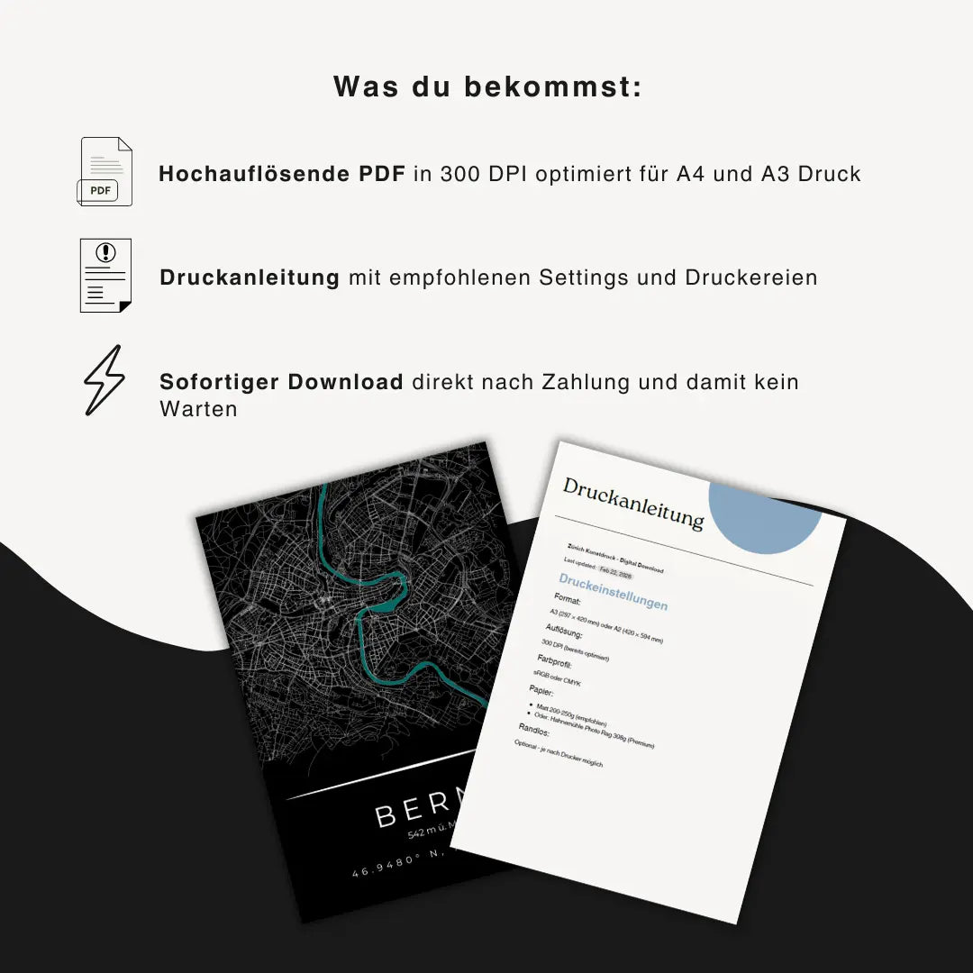 Bern digital Download Package, von was du beim Kauf alles bekommst. Inklusive Druckanleitung, sofortiger Download und Hochauflösendes PDF in 300 DPI.