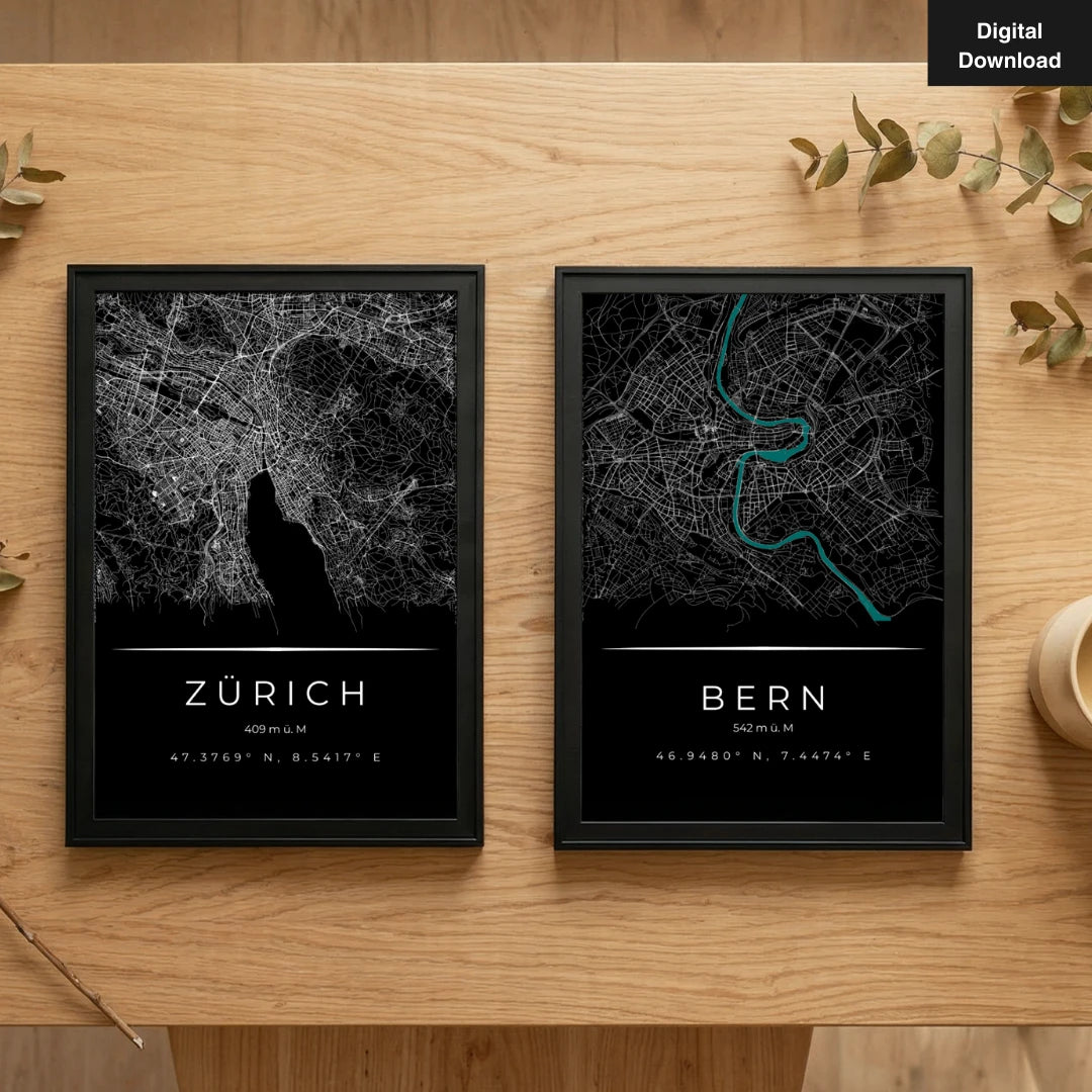 Digital Download Version der Kunstdrucke von Bern und Zürich. Jetzt sofort nach Kauf als Download verfügbar.