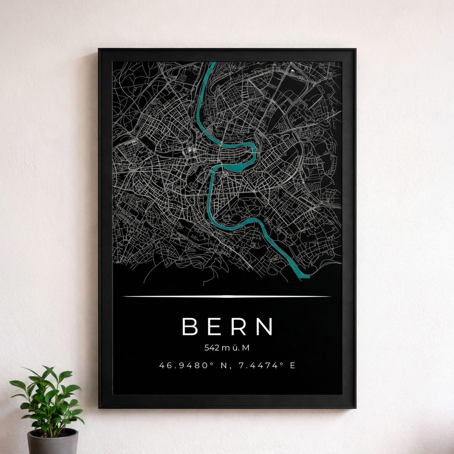 Kunstdruck Bern an der Wand hängend, ruhige Stadtkarte als zeitloses Bild fürs Wohnzimmer