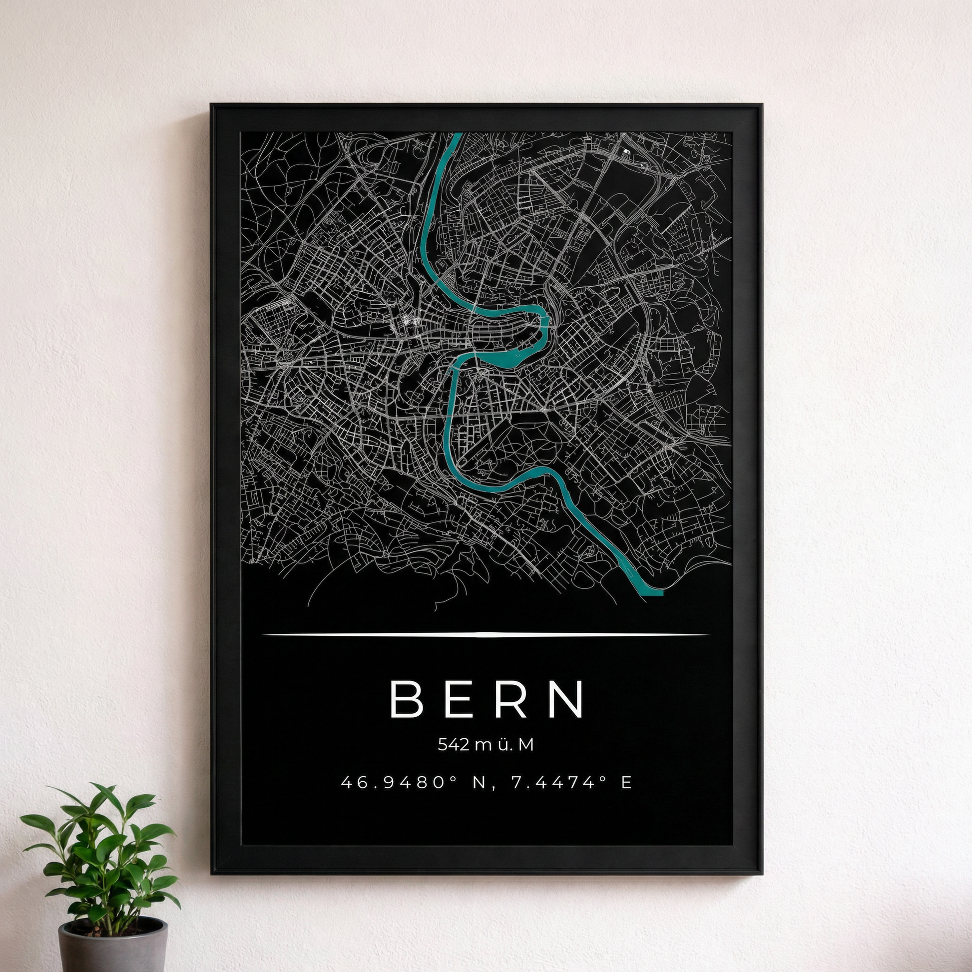 Kunstdruck Bern an der Wand hängend, ruhige Stadtkarte als zeitloses Bild fürs Wohnzimmer