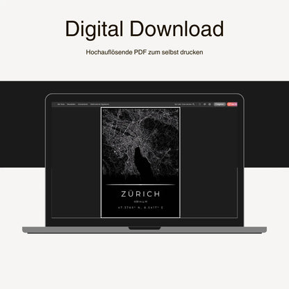 Zürich Kunstdruck auf Laptop-Bildschirm, digitales Produkt zum Download