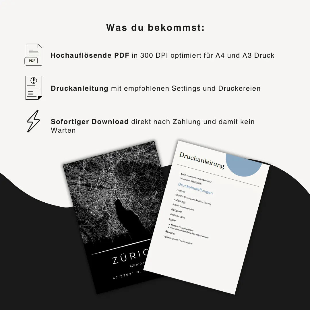 Zürich digital Download Package, von was du beim Kauf alles bekommst. Inklusive Druckanleitung, sofortiger Download und Hochauflösendes PDF in 300 DPI.