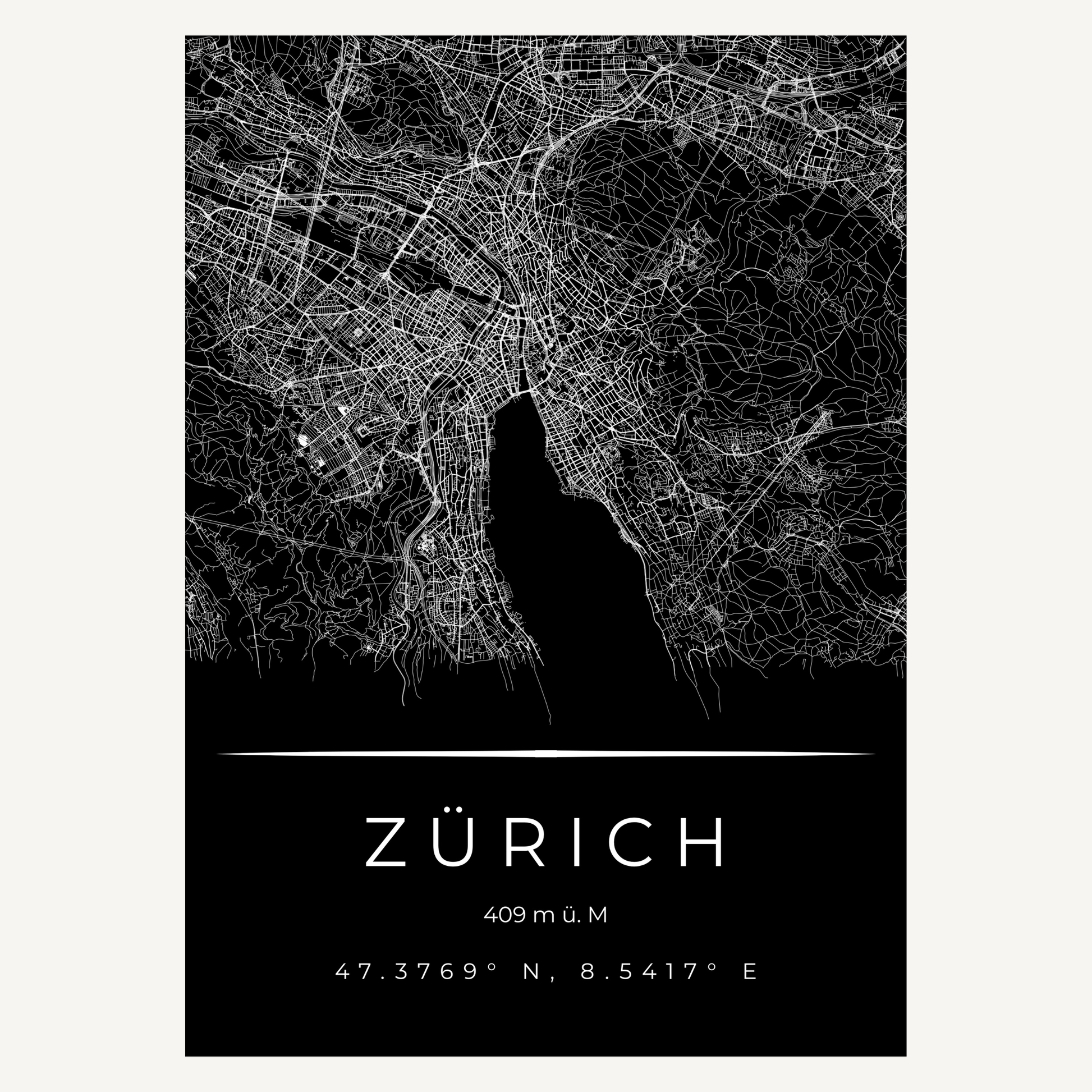 Zürich Kunstdruck Poster ohne Rahmen – Minimalistische Stadtkarte zum Selbstrahmen