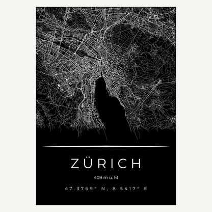 Zürich Kunstdruck Poster ohne Rahmen – Minimalistische Stadtkarte zum Selbstrahmen