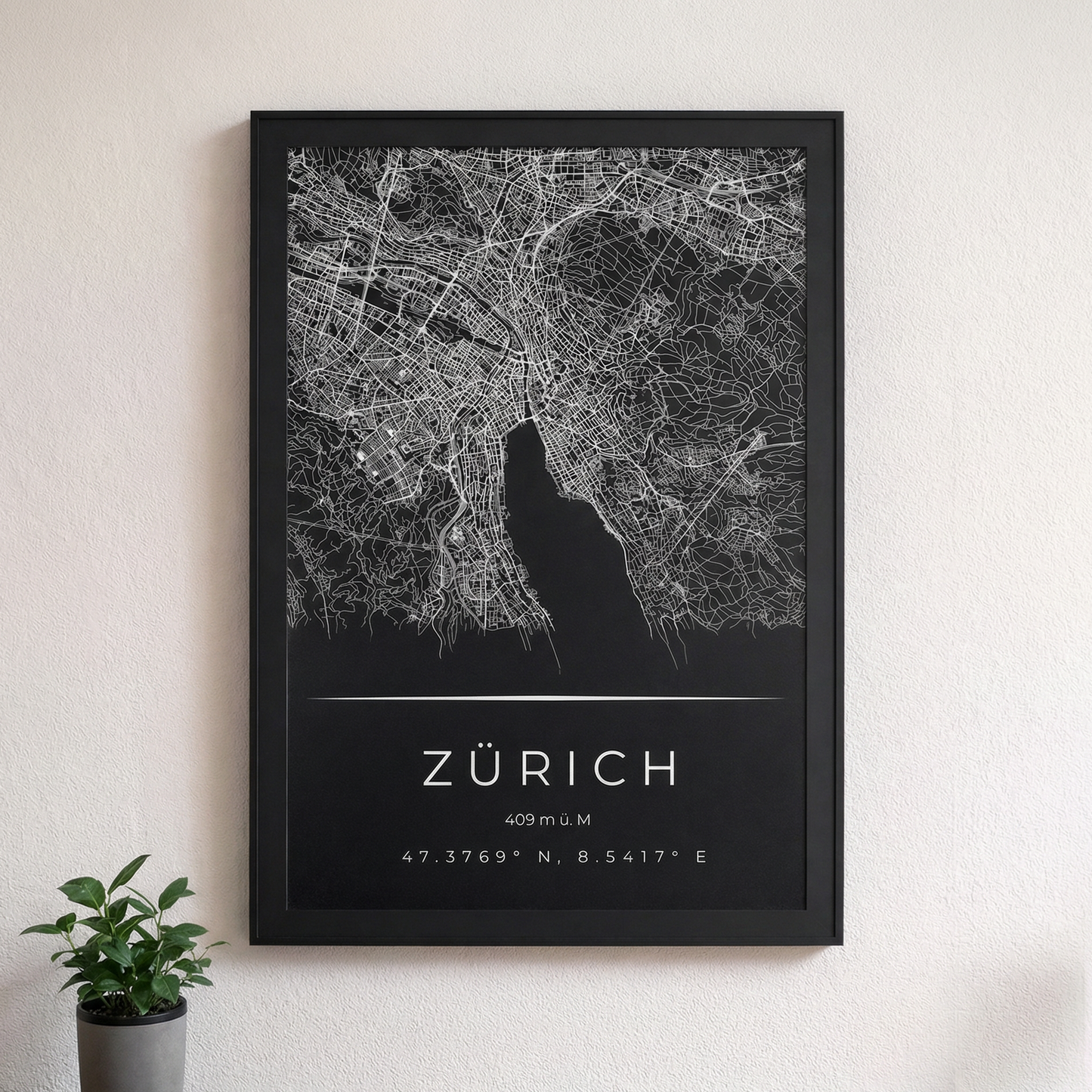 Zürich Kunstdruck minimalistisch – Schwarze Stadtkarte als modernes Wandbild im Wohnzimmer