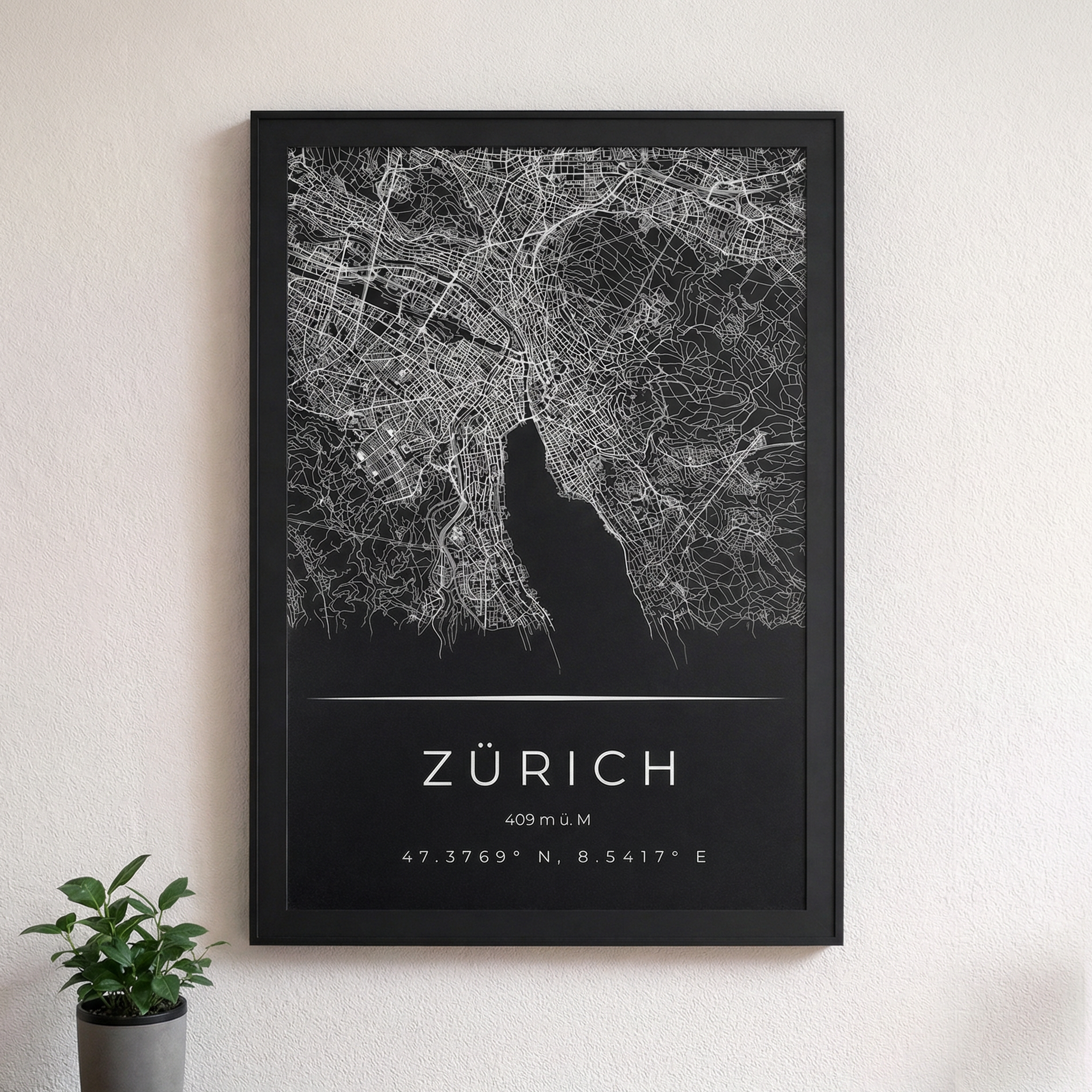 Zürich Kunstdruck minimalistisch – Schwarze Stadtkarte als modernes Wandbild im Wohnzimmer
