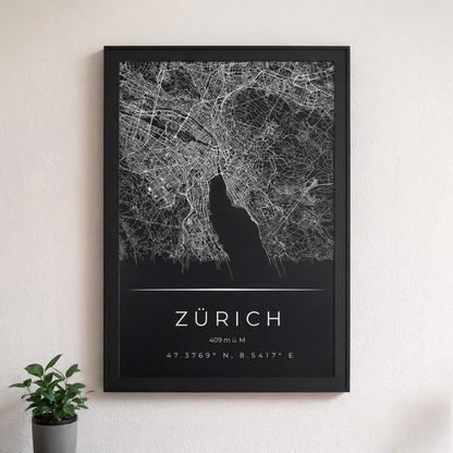 Zürich Kunstdruck minimalistisch – Schwarze Stadtkarte als modernes Wandbild im Wohnzimmer